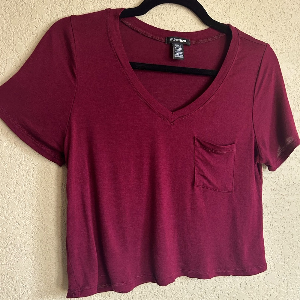 Deep Red Short Sleeve Crop Top, Size Small - Picture 1 of 7